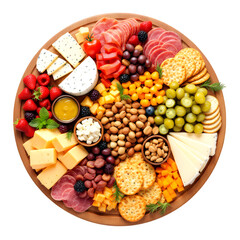 A wooden platter filled with an assortment of cheeses meats fruits nuts and crackers arranged artfully isolated with white background