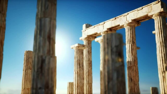 Ancient Greek Temple Ruins Columns Against Blue Sky Establishing Shot Architecture