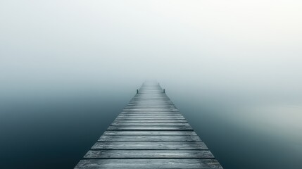 Fototapeta premium Misty wooden pathway leading into fog over tranquil water
