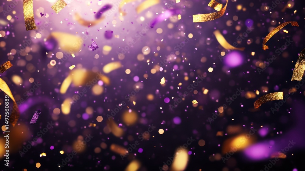 Aufkleber golden ribbons and purple confetti float, creating bokeh on dark background. use it for new year's o