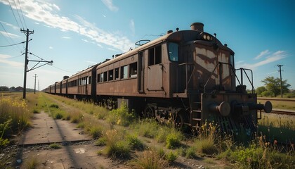 Obraz premium Surrounded by wildflowers and overgrown weeds, an aged, rusty old train with faded and worn carriages sits still on a remote rural railway station. The sky is bright blue with only a few specks of clo