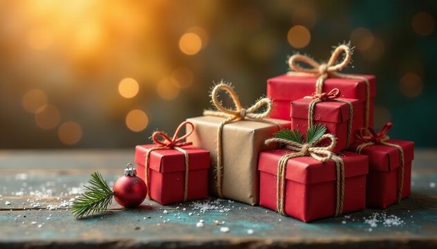 Several gifts tied with twine, bathed in warm light , shadows, elegant