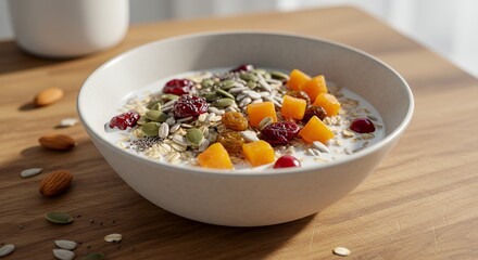 Bowl of cereal with fruits and seeds