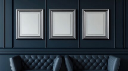 Three framed art on the blue wall with two blue leather sofas below. Ideal for mockup, showing art, or interior design in presentations.