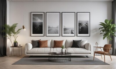 Bright living room, minimalist aesthetic, black framed gallery wall mockup ,  stylish, interior