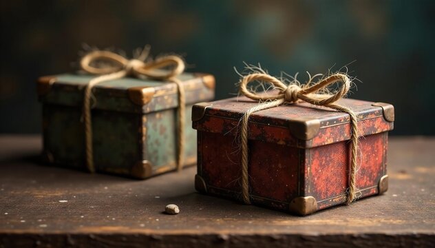 Dusty antique boxes, twine-bound, gently float , wood, rope, illustration