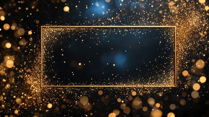 Obraz premium Golden rectangle frame with glitter on dark blue bokeh background. Great for invitations, cards, celebrations, or other graphic designs.