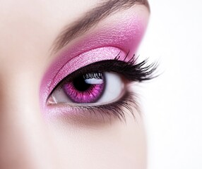 Close-up of a woman's eye with pink eyeshadow and purple iris.