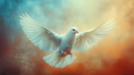 Fototapeta premium White dove in flight with vivid colorful sky
