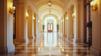 Obraz premium A luxurious hallway with columns and marble floors is softly lit. Use to depict wealth, elegance, or classic architectural design.