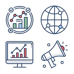 Obraz premium Vector illustration of digital marketing tools and concepts in modern line style, including SEO, email campaigns, analytics, social media, branding, content strategy, and lead generation icons
