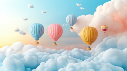 Fototapeta premium Colorful hot air balloons floating amongst fluffy clouds in a serene sky