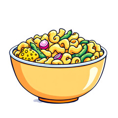 A yellow bowl filled with macaroni salad with green beans and red onions on a black background isolated with white background