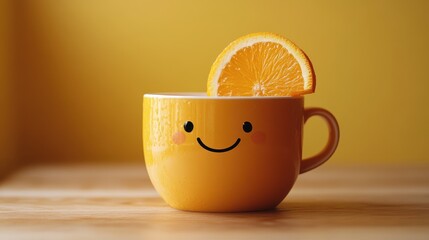 Cheerful yellow mug with smiling face and orange slice on wooden table