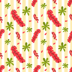 Seamless square pattern with barberry plant. Colorful print pattern with red berries. Cute texture isolated on changeable stripes back for wrapping paper, fabric. Bunches, leaves of barberry.