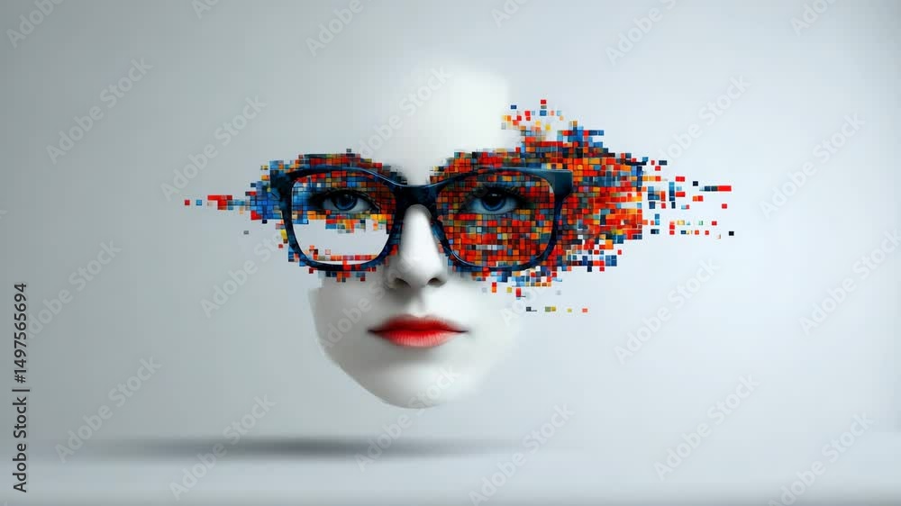Poster visionary insight: artistic rendering of a woman's face, adorned with modern spectacles. pixelated f