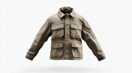Beige utility jacket, collared, with multiple pockets, isolated on white