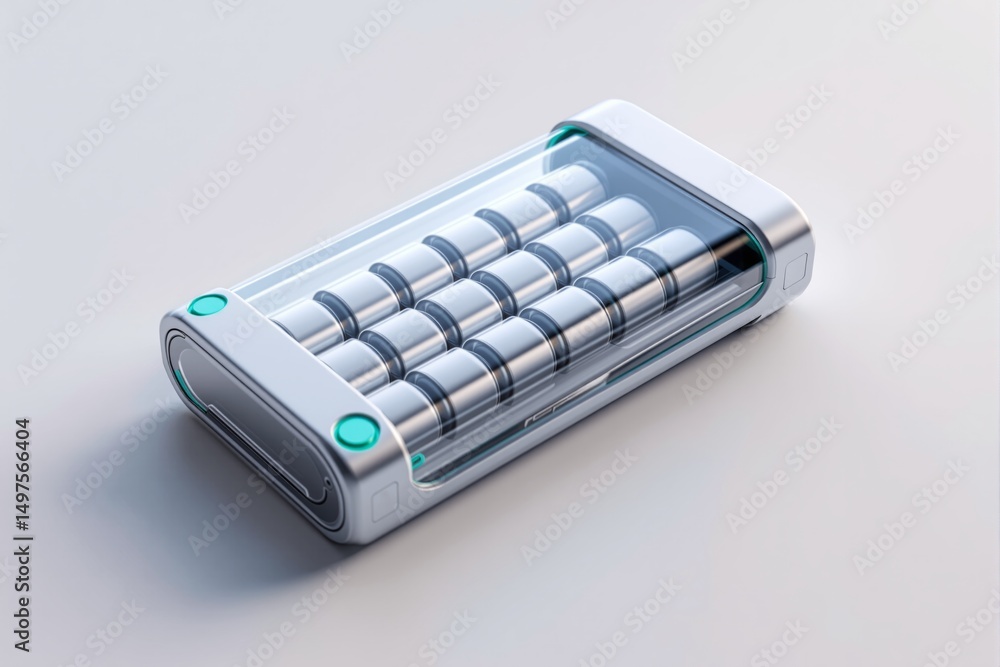 Poster futuristic battery pack with cylindrical cells enclosed in a transparent case.