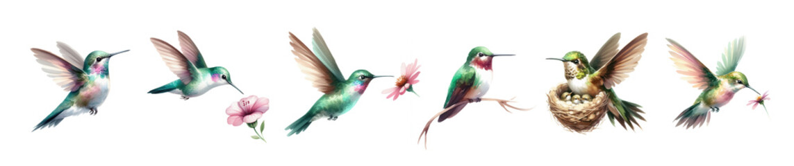 Obraz premium Hummingbirds aerial ballet near floral blooms