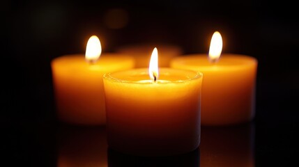 Warm glow of three lit candles in dark ambience