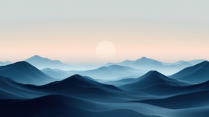 Tranquil blue mountain range at dawn with soft sunlight and misty horizon