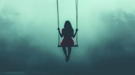 Silhouette of woman on swing amid enigmatic foggy landscape at dusk