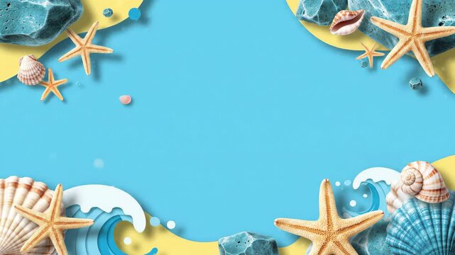 Animated Summer Beach Scene with Starfish Shells and Waves Background