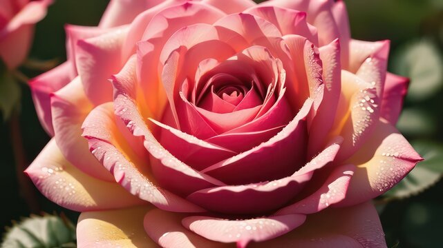 Close-up view of a vibrant pink rose blossom with dew drops, showcasing delicate petals and a captivating heart