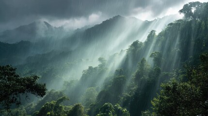 Obraz premium Sun-kissed Mountain Canopy: Majestic mountains, enshrouded in a mystical fog, are pierced by ethereal rays of sunlight, casting a divine glow over the lush, emerald green landscape.