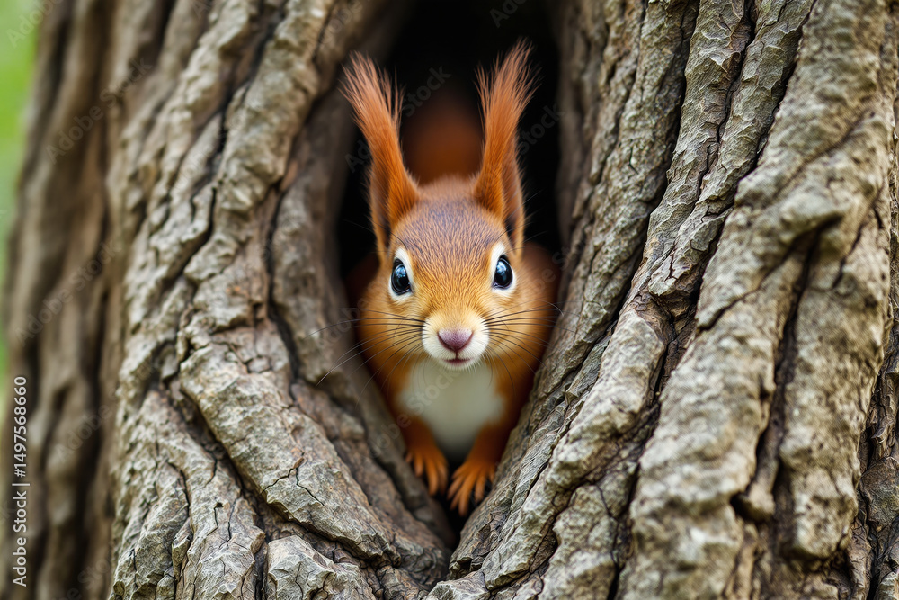 Poster curious squirrel peeking from a tree hollow.