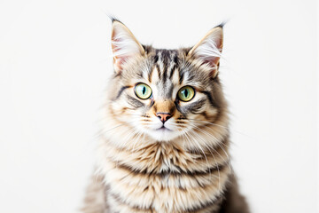 Obraz premium Close-up of a fluffy tabby cat with green eyes.
