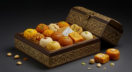 Indian Sweets in Ornate Wooden Box