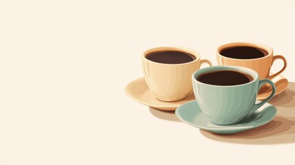 Obraz premium Trio of colorful ceramic coffee cups with fresh brew on saucer