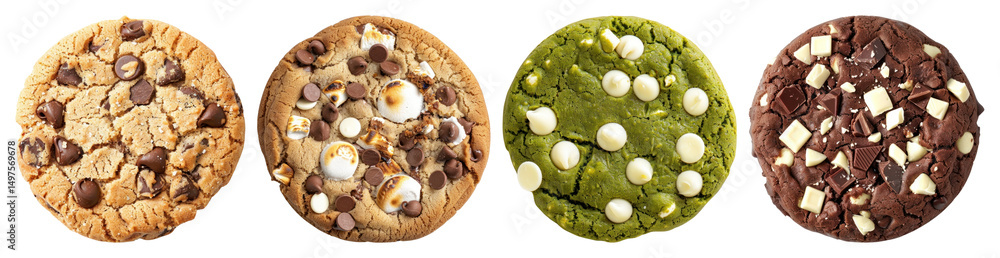 Poster png four assorted cookies with chocolate and toppings element set on transparent background.