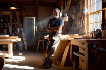 portrait of experienced carpenter in woodshop, dramatic shadows, natural light from window