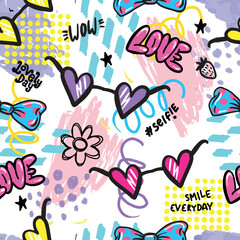 Girls seamless pattern with sunglasses, words  . background for texylie, graphic tees, kids wear. Wallpaper for teenager girls. Fashion style