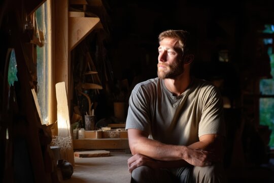 portrait of experienced carpenter in woodshop, dramatic shadows, natural light from window