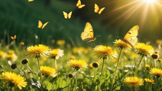 Fototapeta Golden butterflies fluttering amidst a vibrant field of sunlit dandelions on a warm summer's day