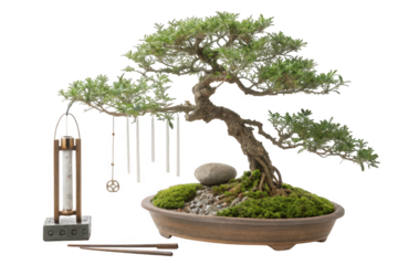 Serene Bonsai Tree with Hanging Ornaments on a Pot on Transparent Background, AI Generated