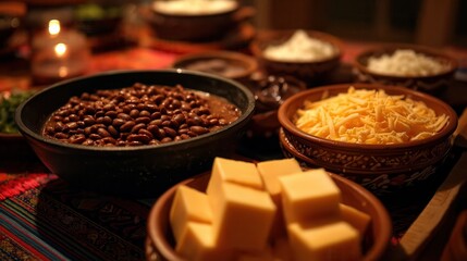Fototapeta premium Create a delicious dish of beans with chees in a mexican table. Real life, cinematographic.