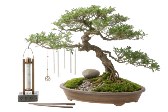 Serene Bonsai Tree with Hanging Ornaments on a Pot on Transparent Background, AI Generated