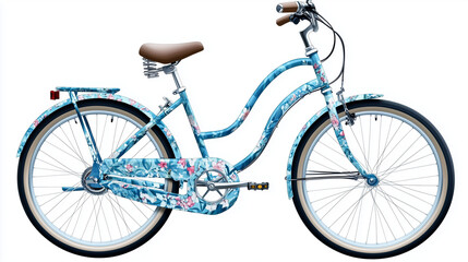 A charming blue bicycle, hand-drawn in watercolor and adorned with spring flowers, stands out against a white background.