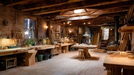 rustic woodshop with exposed brick, sawdust on floor, real working atmosphere