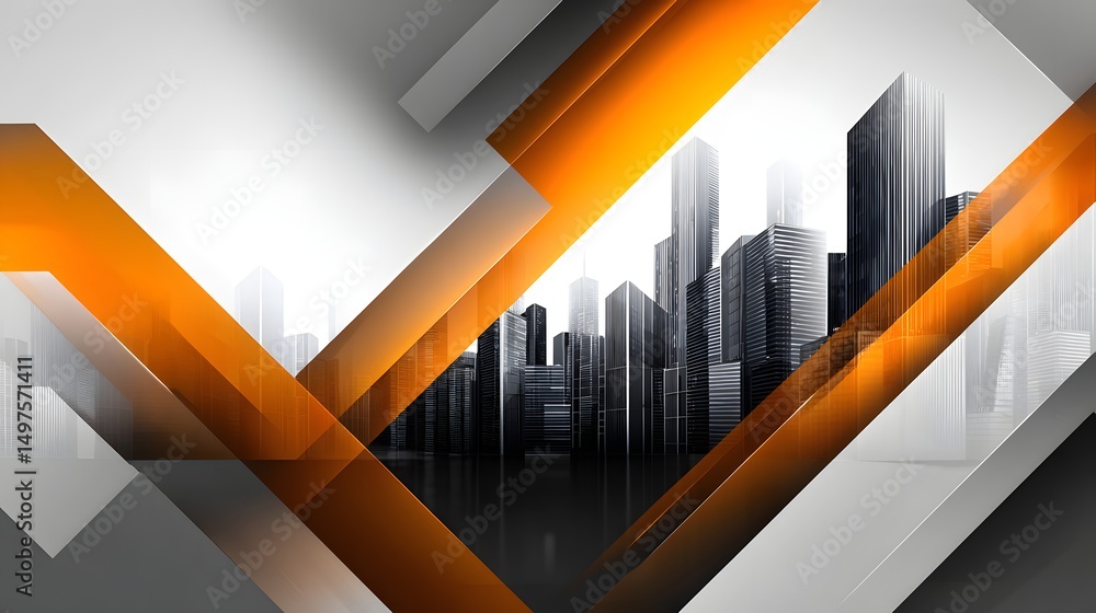 Poster artistic representation of a city featuring orange and white lines creating dynamic movement
