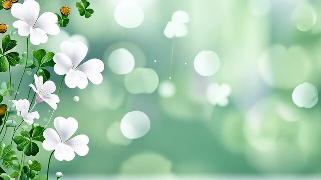 St patrick Concept, Serene Nature Background with Beautiful White Flowers and Green Clovers for Tranquility