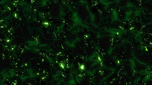 Dark loopable background with foogy liquid shapes and glowing electric green neon lights