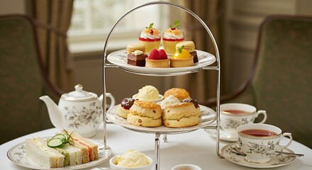 Afternoon tea with pastry scones sandwich