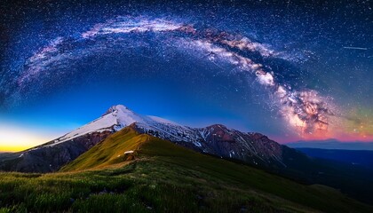 arched milky way over the beautiful mountains with snow covered peak at night in summer colorful landscape with bright starry sky with milky way arch snowy rocks hills galaxy nature and space