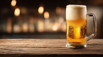 Frosty mug of golden beer on rustic wood with warm blurred lights in the background, ideal for pub menus, drink ads, Oktoberfest promotions, or brewery branding