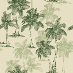 Seamless pattern with coconut palm trees and tropical plants. Toile de Jouy style. Hand drawn vector illustration.